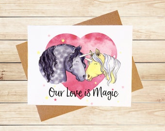 Cute Couple Unicorn Valentine Card, I Love You Card, Watercolor Greeting Card