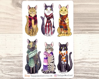 Cat Stickers, Hand Drawn Cat Planner Stickers, Cute Winter Planner Stickers