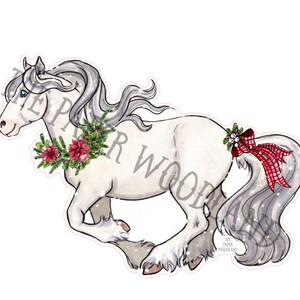 May include: A watercolor illustration of a white horse with a flowing mane and tail. The horse is adorned with a Christmas wreath around its neck and a red plaid bow on its tail. The text "THE PAPER WOODLAND" is visible.