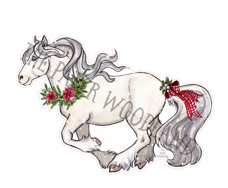 May include: A watercolor illustration of a white horse with a flowing mane and tail. The horse is adorned with a Christmas wreath around its neck and a red plaid bow on its tail. The text "THE PAPER WOODLAND" is visible.