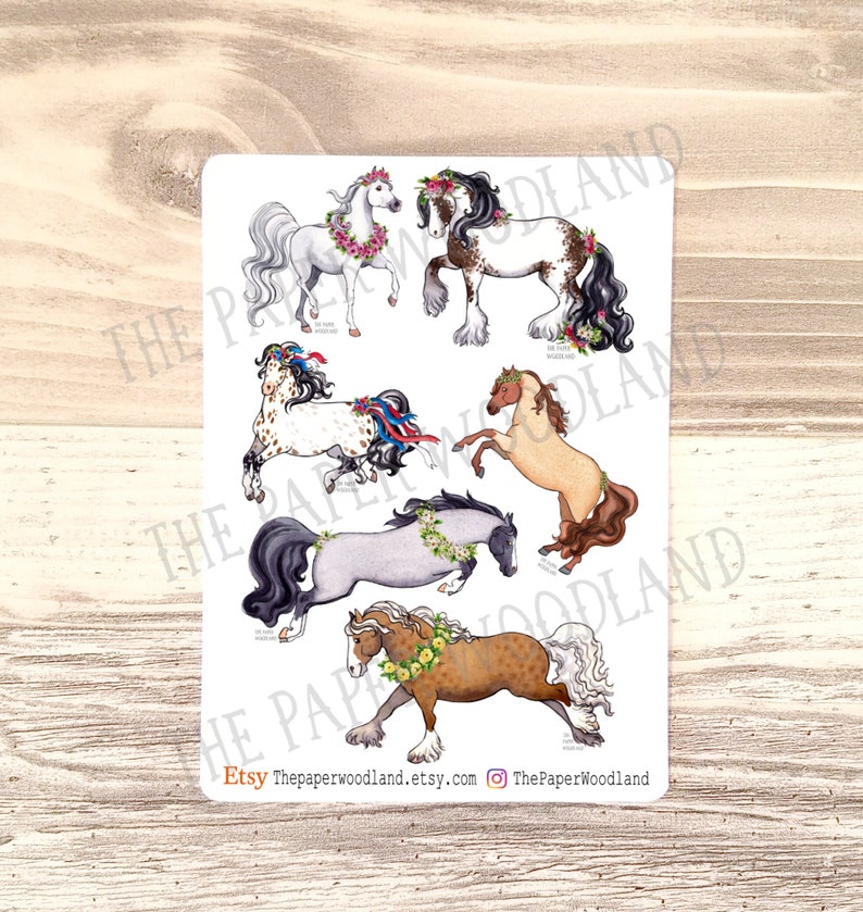 May include: A sticker sheet with illustrations of six horses, each decorated with flowers. The horses are depicted in different colours, such as white, brown, and grey, and wear floral crowns and ribbons. The Etsy shop name and social media handle are at the bottom.