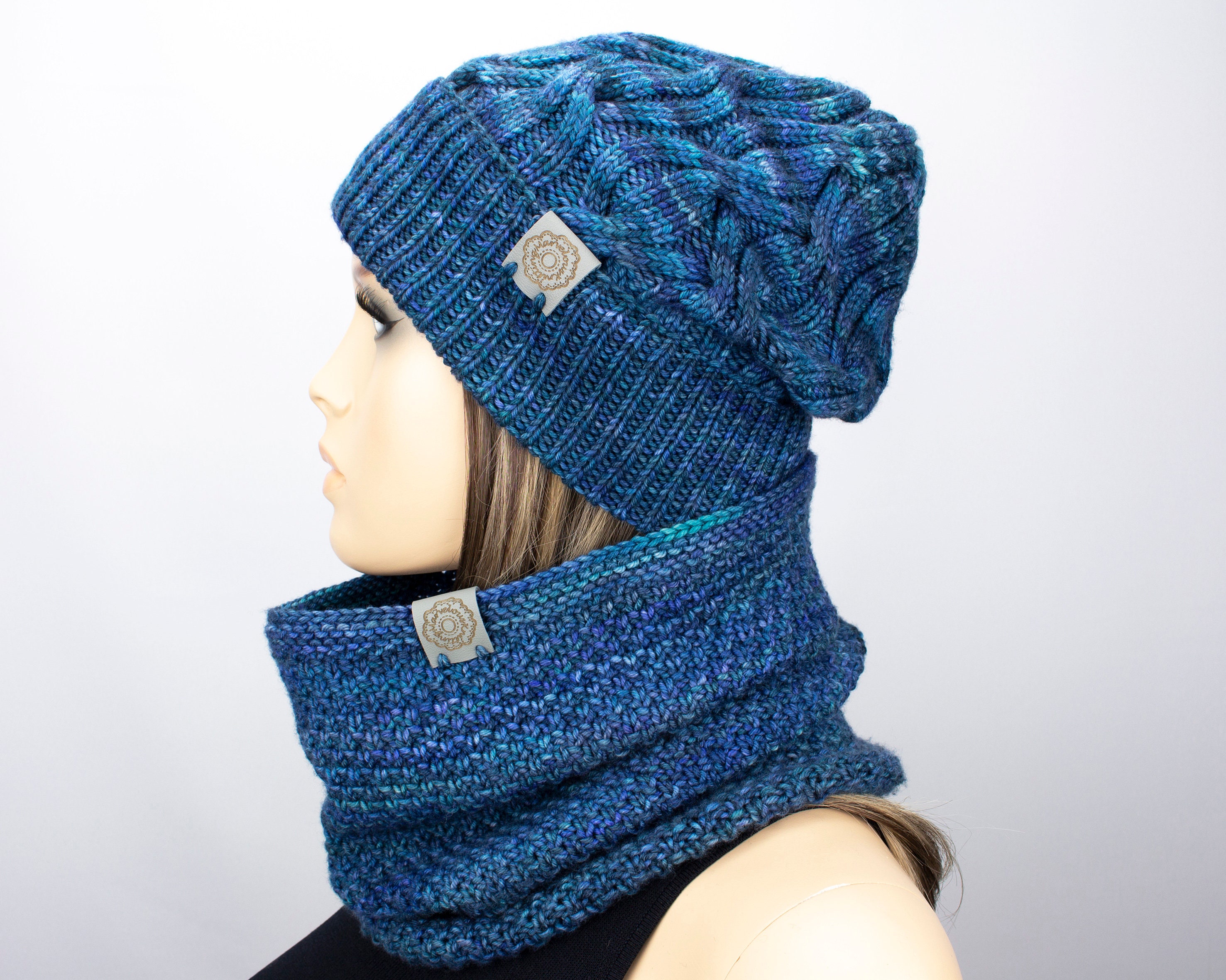 Knitted Hat Scarf Set for Women Blue Merino Wool Slouchy Etsy