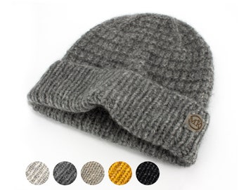 Alpaca Knitted Hat for Men, Gray Beanie Hat
