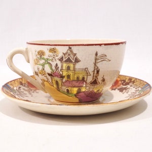 Antique Chinoiserie Tea Cup and Saucer Set: Portuguese Faience, Sacavém (1910-1918)