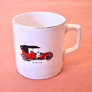 Mug vintage en faïence avec impression vieille voiture Austin - Alcobaça rétro, Portugal (années 1970)