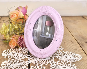 Marco de fotos ovalado rosa pintado a mano, decoración shabby chic, vintage de los años 90