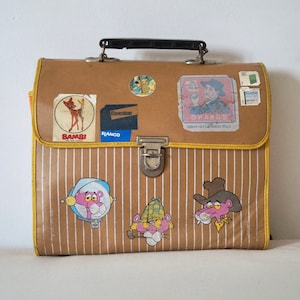 Sac à dos scolaire vintage des années 1980 pour enfants avec panthère rose et autocollants Bambi - Parfait pour les accessoires de présentation, de théâtre et de photographie