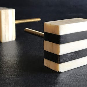 Peut inclure: Deux boutons de meuble rectangulaires présentant des rayures horizontales alternées de couleur blanc cassé et noir. Chaque bouton possède un boulon fileté métallique central s'étendant à l'arrière, conçu pour être fixé aux meubles.