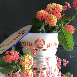 Vintage Small White Enamel Terrine Bowl with Orange Brick Designs – 1940s Style – Rustic Decor (1980s)