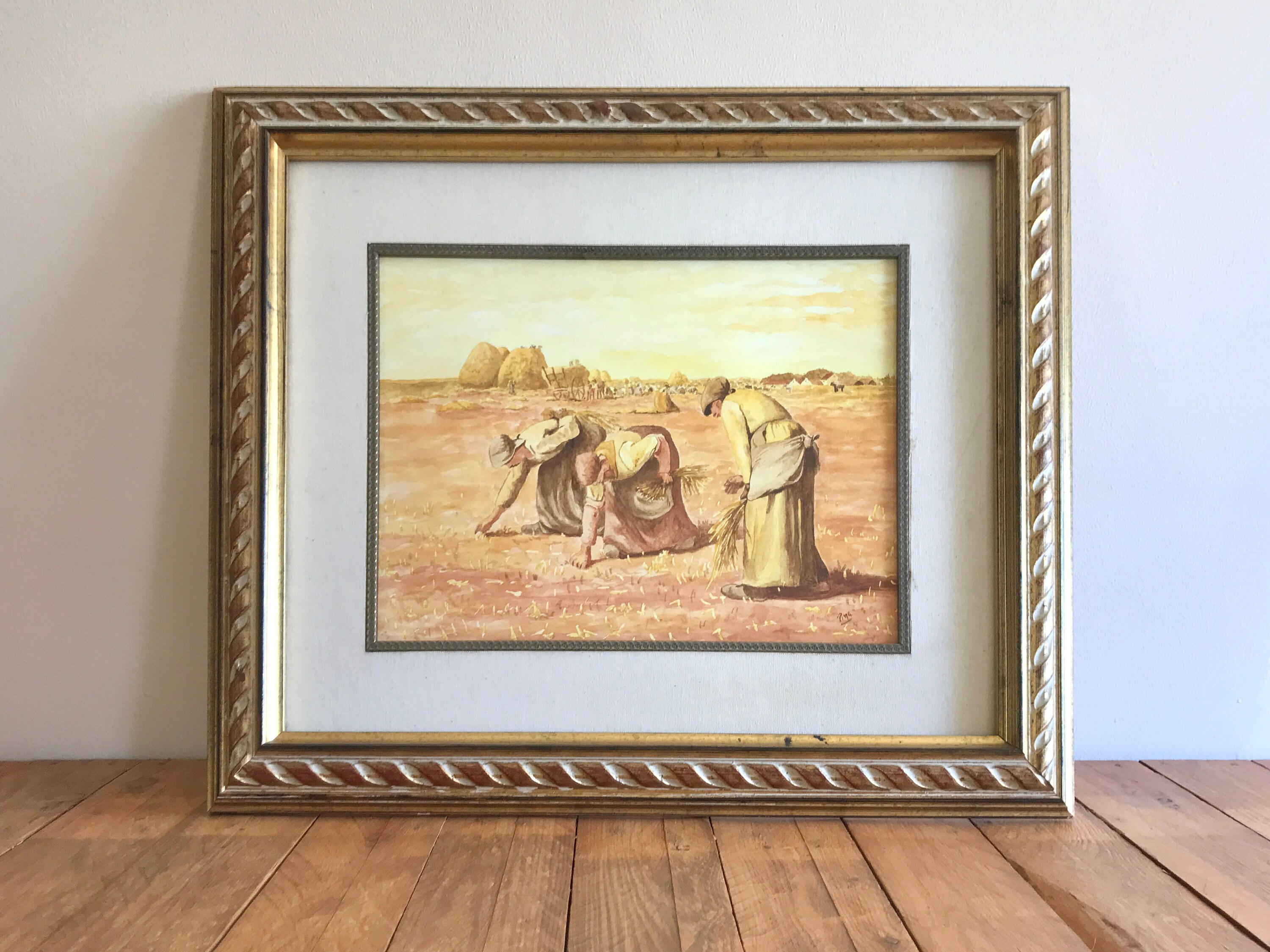 額入り水彩画 - 『The Gleaners』にインスパイアされたアート、金箔額