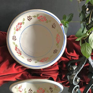 Puede incluir: Un cuenco de cerámica blanco con un diseño floral. El cuenco presenta un borde azul y un patrón de flores rojas y hojas verdes. El cuenco redondo parece ser vintage.