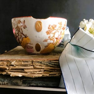 Cuenco antiguo de loza Sacavém - Reparación inspirada en el Kintsugi - Diseño chinoiserie vintage - (1920-1930)
