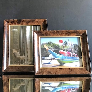 Cornici portafoto in radica di noce, fine anni '80, disponibili singolarmente, contrasto nero pianoforte, da collezione