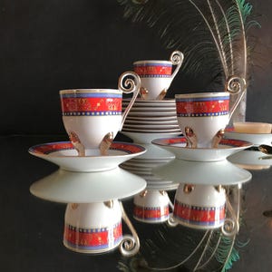 Set of 2 Vintage Coffee Cups with Saucers & Gold Spoons - White Porcelain with Red, Blue and Gold Trim - Footed Espresso Cups - Great price