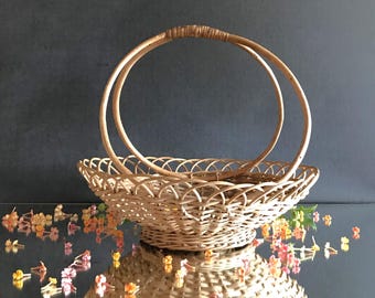 Cesta de mimbre vintage hecha a mano en Portugal - Centro de mesa redondo de frutas o flores de los años 60 - Decoración rústica