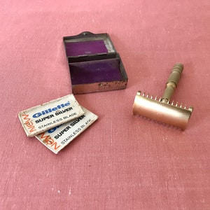 Antique Brass Safety Razor with Metal Case, and a resume of its History (1920s). Unique Gift for Him.