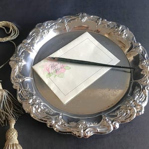 Vintage Chrome-Plated Metal Tray | Round Serving Tray | Floral Rim & Arabesque Engraving |  31 cm