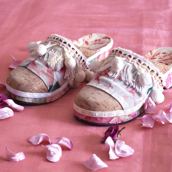 Boho cork clogs with fabric and trimming