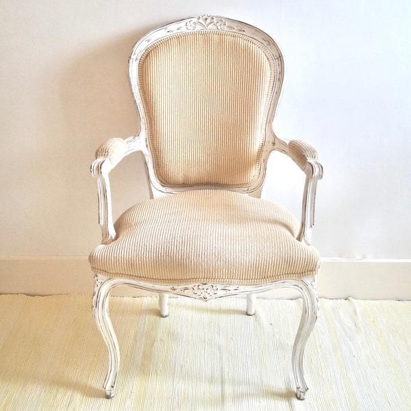 Fauteuil style Louis XV, peint à la main, en velours côtelé (années 1990)