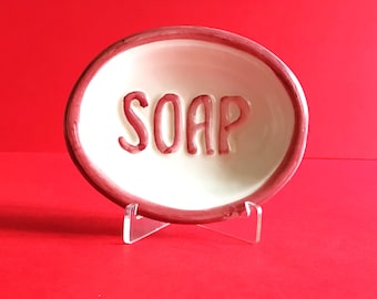 Vintage Ceramic Soap Dish - Pink “SOAP” Text, 1980s, Bathroom Decor