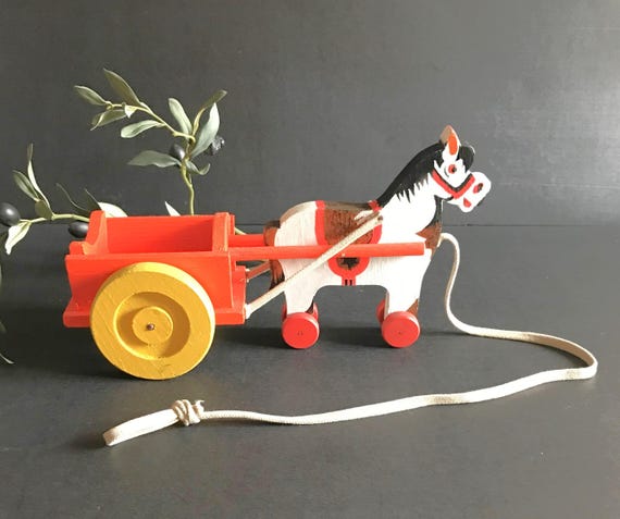Juguete de madera Montessori para tirar – Caballo y carro vintage de los  años 80 – Juguete colorido hecho a mano para jugar en la naturaleza – Regalo