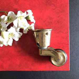 Vintage Solid Round Brass Cup Caster, Rubber Rim Wheel