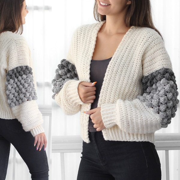 Häkelanleitung-NAOMI Häkelanleitung Cardigan PDF-Frauen Häkelanleitung-Bommel-Pullover Häkelanleitung-Top, gehäkelte Bommel-Strickjacke-7 Größen XS-3XL