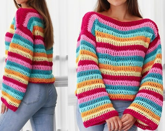 Häkelanleitung- IRIS Häkelpullover-Anleitung PDF-Damen-Häkelanleitung-bunter Pullover-Pullover-Oberteil-Anleitung-Langarm-Top-Größen XS-3XL