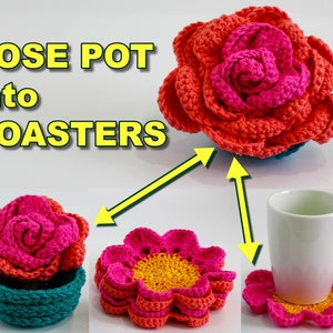Crochet pattern-ROSE POT into COASTER- Rose Coaster crochet-Flower rose pot crochet coaster- Surprise Crochet Flower pot-Coaster set pattern