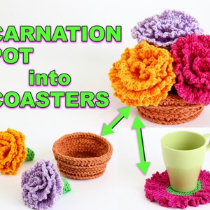 May include: A crocheted flower pot with three carnations in orange, pink, and purple. The pot is being transformed into three individual coasters, with one coaster shown in the image. The coasters are made from the same crocheted material as the pot and flowers.