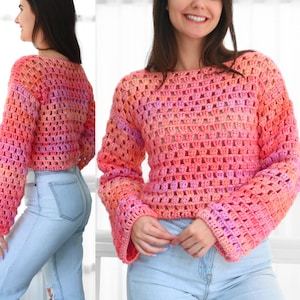 Crochet pattern- LAINEY Crochet sweater pattern PDF- Women crochet top pattern- 2 panels Crochet pullover sweater-Easy Granny sweater-XS-3XL