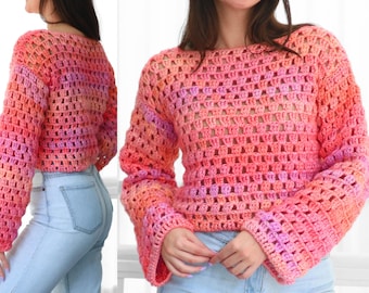 Crochet pattern- LAINEY Crochet sweater pattern PDF- Women crochet top pattern- 2 panels Crochet pullover sweater-Easy Granny sweater-XS-3XL