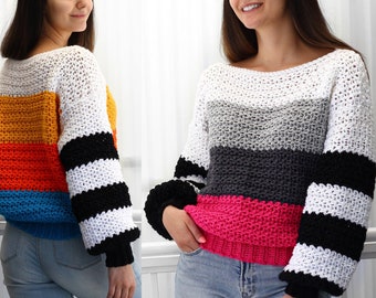 Crochet pattern- JULIA Crochet sweater pattern PDF-Women crochet pattern-colorful sweater pullover top pattern- long sleeve top-sizes XS-3XL