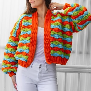 Crochet pattern-DAPHNE Crochet cardigan pattern PDF-Women crochet pattern-striped pullover top-crochet color block cardigan-7 sizes XS-3XL