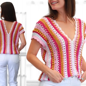 Crochet pattern- ALYSSA Crochet top pattern PDF- Women crochet top -2 panels V-neck -Easy crochet shirt short sleeve blouse wearable- XS-3XL