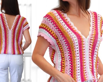 Crochet pattern- ALYSSA Crochet top pattern PDF- Women crochet top -2 panels V-neck -Easy crochet shirt short sleeve blouse wearable- XS-3XL