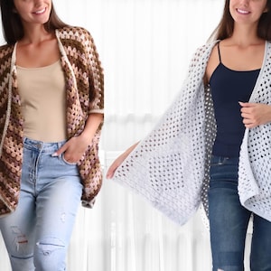 May include: Two women wearing crocheted cardigans. One cardigan is brown and white, the other is light blue. Both cardigans are open in the front and have a loose fit.