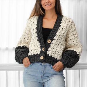 Crochet pattern-ADDISON Crochet cardigan pattern PDF-Women crochet pattern-striped pullover top-crochet color block cardigan-7 sizes XS-3XL