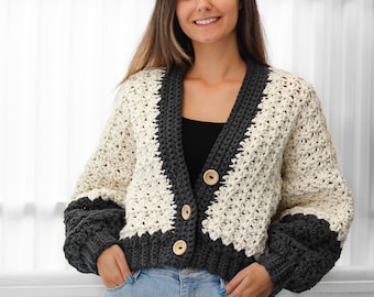 Crochet pattern-ADDISON Crochet cardigan pattern PDF-Women crochet pattern-striped pullover top-crochet color block cardigan-7 sizes XS-3XL