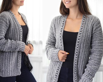 Crochet pattern-ANDREA Crochet cardigan pattern PDF-Women crochet pattern-bobble pullover pattern top-crochet bobble cardigan-7 sizes XS-3XL