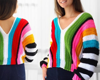 Crochet pattern- EMILIA Crochet sweater pattern PDF-Women crochet pattern-colorful stripes oversize pullover - long sleeve top-sizes XS-3XL