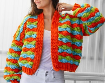 Crochet pattern-DAPHNE Crochet cardigan pattern PDF-Women crochet pattern-striped pullover top-crochet color block cardigan-7 sizes XS-3XL