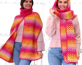 Crochet pattern, 3-in-1 CATALINA Crochet scarf pattern PDF, crochet turtleneck hoodie scarf hood shawl, hooded scarf, crochet neck warmer