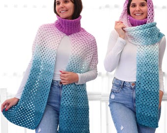 Crochet pattern, 3-in-1 CATALINA Crochet scarf pattern PDF, crochet turtleneck hoodie scarf hood shawl, hooded scarf, crochet neck warmer