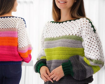 Crochet pattern- PENELOPE Crochet sweater pattern PDF-Women crochet pattern-colorful granny pullover pattern- long sleeve top-sizes XS-3XL