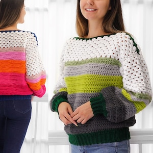 Crochet pattern- PENELOPE Crochet sweater pattern PDF-Women crochet pattern-colorful granny pullover pattern- long sleeve top-sizes XS-3XL