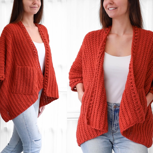 Häkelanleitung-EMILY Häkel-Poncho-Cardigan –Anpassbares Muster-Top-PDF-Pullover-Damenmuster-Poncho-Häkel-Spitzen-Cardigan-8Größen XS-4XL