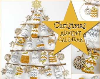 Modèle au crochet - Calendrier de l'Avent joyeux Noël - Arbre en échelle - 4 modèles de décorations de bas de Noël au crochet - Calendrier de l'Avent facile au crochet