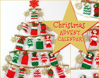 Modèle au crochet - Calendrier de l'Avent joyeux Noël - Arbre en échelle - 4 modèles de décorations de bas de Noël au crochet - Calendrier de l'Avent au crochet facile