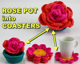 Crochet pattern-ROSE POT into COASTER- Rose Coaster crochet-Flower rose pot crochet coaster- Surprise Crochet Flower pot-Coaster set pattern